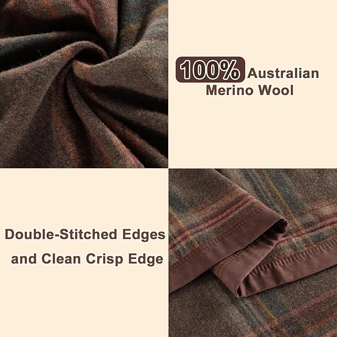 YOUR MOON 100% Pure Merino Wool Twin Size, Australian Organic Natural Wool Blanket, Hypoallergenic Wool Blanket for Bed, Medium Weight(Plaid Brown, 66 * 90)