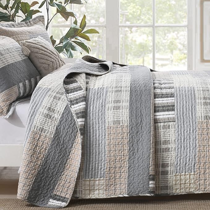 Y-PLWOMEN Quilt King Size - 100% Cotton Brown Grey King Quilt Farmhouse Plaid Quilted Bedspread, 3 Pieces Lightweight Reversible King Size Quilt Bedding Set for All Season
