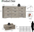 Dresser for Bedroom with 9 Drawers, 59" Wide Wood Chest of Drawers with Deep Drawers & Mental Handle, Modern Dresser TV Stand, Wooden Closet Storage Organizer for Living Room, Hallway, Entryway, Grey