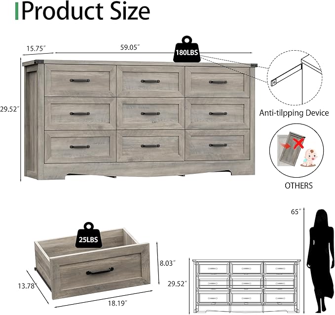 Dresser for Bedroom with 9 Drawers, 59" Wide Wood Chest of Drawers with Deep Drawers & Mental Handle, Modern Dresser TV Stand, Wooden Closet Storage Organizer for Living Room, Hallway, Entryway, Grey