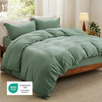 Bedsure Duvet Cover Queen Size with Fitted Sheet - 4 Pieces Prewashed Cotton-Like Extra Soft Bedding Set, Includes 1 Duvet Cover 90x90 Inches, 2 Pillow Shams, 1 Fitted Sheet, Sage Green
