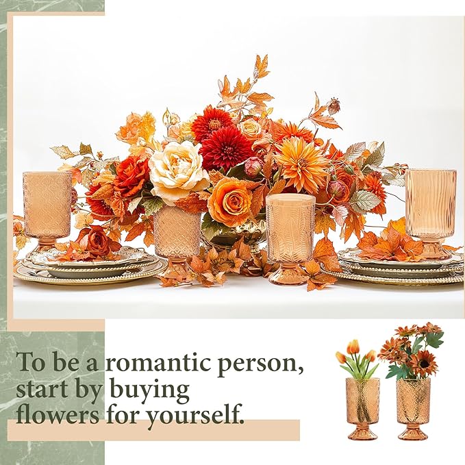 6 Pcs (H:7" W:4") Embossed Flower Vase Fall Pedestal Glass Vase Big Base Thickened Crystal Vintage Vases for Autumn Wedding Home Decor Table Centerpiece House Warming Gifts(Amber)