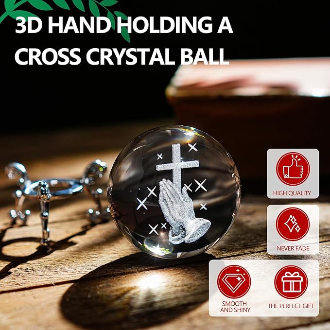 60mm 3D Laser Engraved Hand Holding A Cross Crystal Ball Figurine with Stand Christian Collectible Decoration for Home Office Praying Religious Gifts for Women