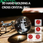 60mm 3D Laser Engraved Hand Holding A Cross Crystal Ball Figurine with Stand Christian Collectible Decoration for Home Office Praying Religious Gifts for Women