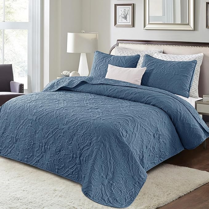 Exclusivo Mezcla Twin Quilt Bedding Set with 1 Pillow Sham, Lightweight Grayish Blue Twin Size Quilt Bedspread with Vintage Damask Pattern, Soft Bedspreads Coverlets for All Seasons
