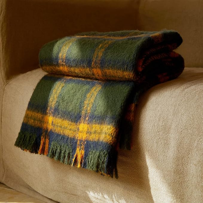 ZonLi Green Plaid Throw Blanket for Couch, Fall Plaid Blanket for Home Decor, Soft Lightweight Cozy All Season Decorative Vintage Blankets with Tassel for Bed and Sofa, 50'' x 60''