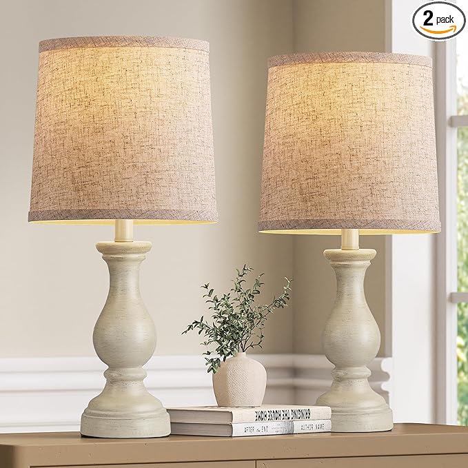 Seealle Farmhouse Table Lamps Set of 2 - Rustic Lamp for Bedroom Living Room, 22" Boho Bedside Lamps for Night Stands End Table Office Desk Lamp Nightstand Clearance with Linen Shades(Antique White)