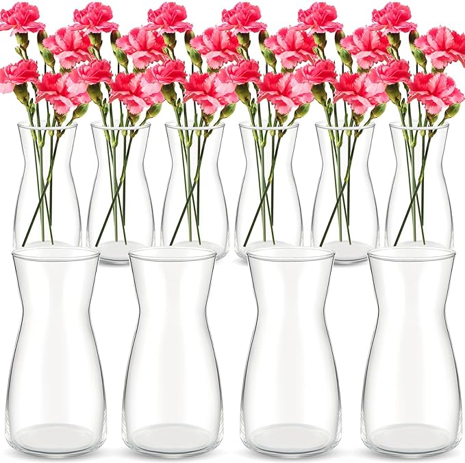 Thenshop 10 Pcs 8'' Tall Clear Flower Vase Wide Mouth Crystal Glass Boho Decorative for Centerpieces Bulk Tall Vase for Flower Bouquets Rustic Home Decor Wedding Housewarming Gift (Clear)