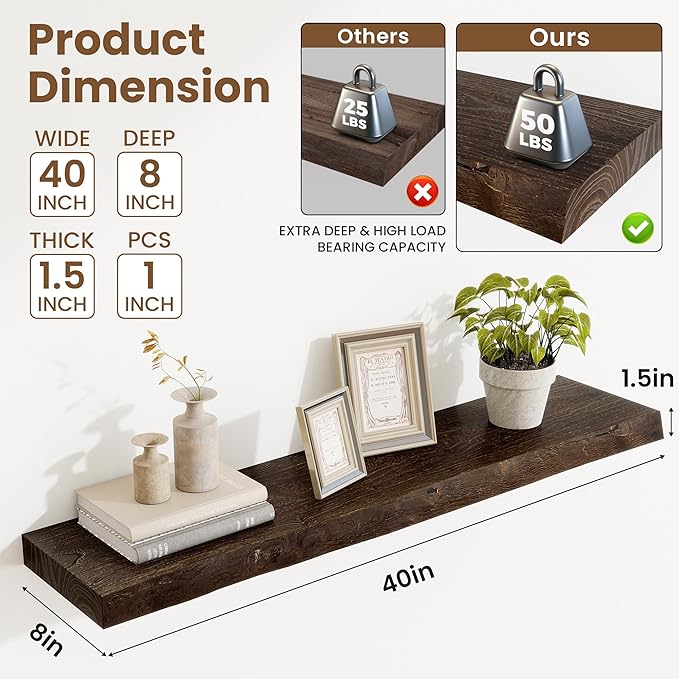 Floating Shelves, 8" Deep Rustic Solid Wood Wall Mounted Floating Shelves, Wall Shelves with Invisible Bracket for Living Room Bathroom Bedroom Kitchen, 40 Inch, Walnut