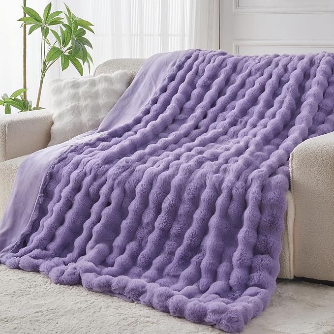 Lotus Karen Faux Fur Throw Blanket Purple - Big Bubble Rabbit Fluff Blanket for Couch Bed Sofa,Softest Fluffy Fuzzy Cozy Blanket,Thick Furry Plush Shaggy Warm Blankets for Women,60x80 Inches