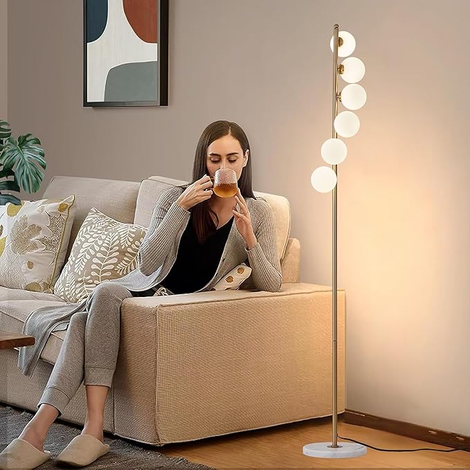 NKU Mid Century Floor Lamp Unique Glass lamp with Foot Switch, Modern Standing Tall Lamp for Living Room 3 Color Temperatures 6 Globe Floor Lighting for Bedroom Office（Gold）
