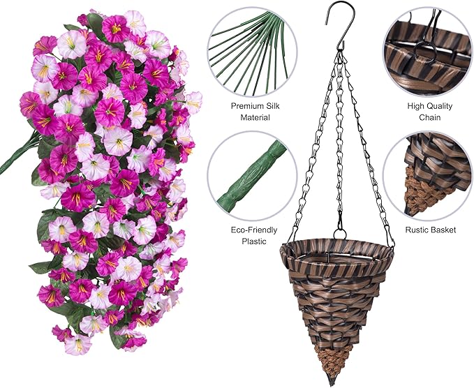 Artificial Fake Hanging Flowers Basket for Outdoor Indoor Decoration,UV Resistant Faux Silk Light Fuchsia and Fuchsia Morning Glory Flowers Plants Realistic Hanging Planter for Outside Home Porch Yard