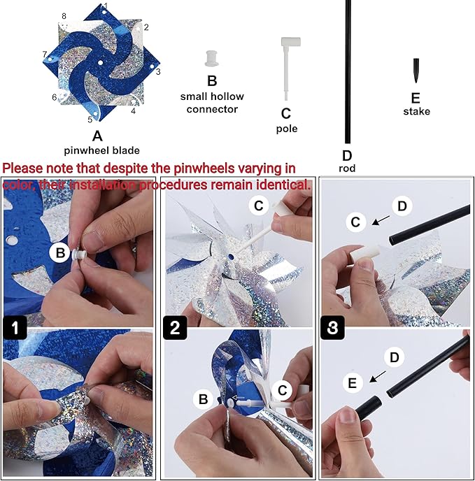 Hausse 10 Pack Reflective Pinwheels with Stakes, Extra Sparkly Pin Wheel for Garden Decor, Bird Repellent Devices Deterrent to Scare Birds Away from Yard Patio Farm, Blue