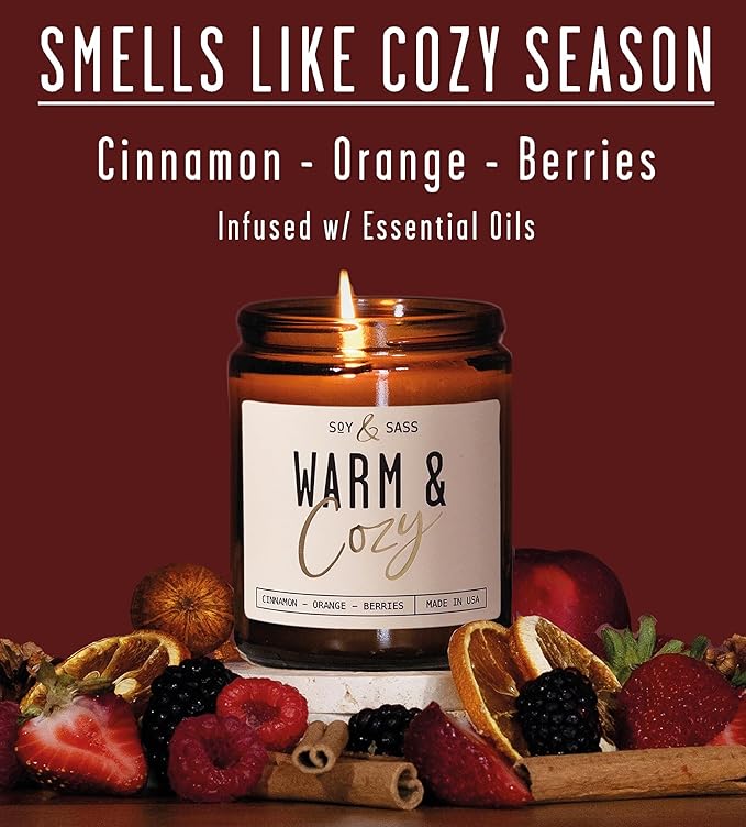 Christmas Candles, Fall Candles, Warm and Cozy' Soy Candle I Berries, Apple & Cinnamon I Infused w/Essential Oils I Warm n Cozy Home Decor I Winter and Holiday Candle I 50Hr Burn I USA Made