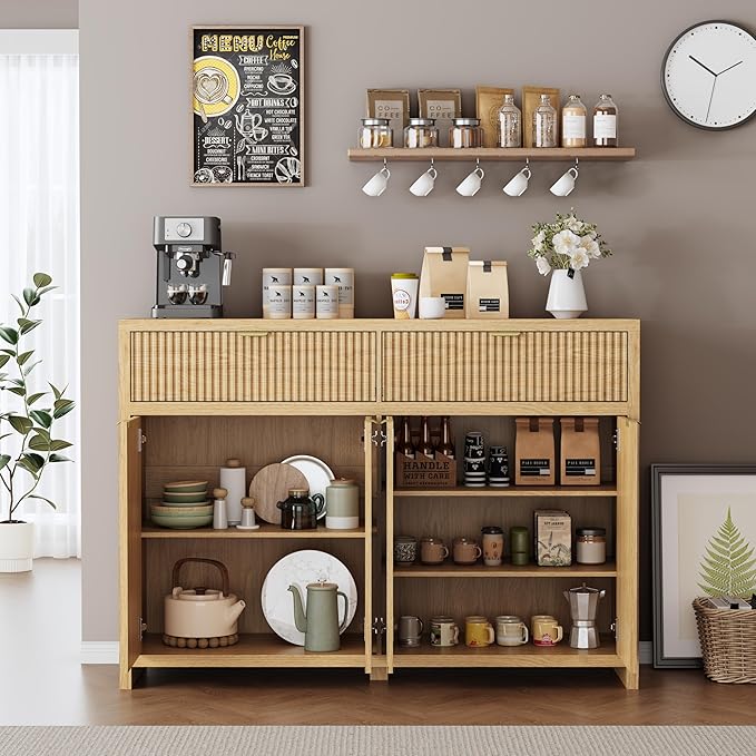 Fluted Sideboard Buffet Cabinet with Storage Drawers, 55" Large Accent Storage Cabinet for Entryway, Kitchen, Living Room - Wood