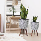 2 Set Plant Pot with Stand 10 & 12 inches, Mid-Century Large Planter with Legs for Indoor Plants, Boho Print Standing Plant Pot with Drainage Plug for Monstera, Herb, Succulent Flower Pot