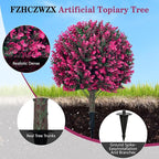 Artificial Topiary Tree with Pink Eucalyptus, Set of 2-17in UV Resistant Fake Evergreen Tree for Porch, Outdoor Artificial Plants for Planters - Ground Spike Included FZHCZWZX