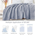 jinchan Boho 100% Cotton Blanket Muslin 50x60 Inches Lightweight 3-Layer Geometric Triangle Striped Pattern Reversible Quilt Throw Soft Breathable Comfy All Seasons for Couch Bed Decor, Blue