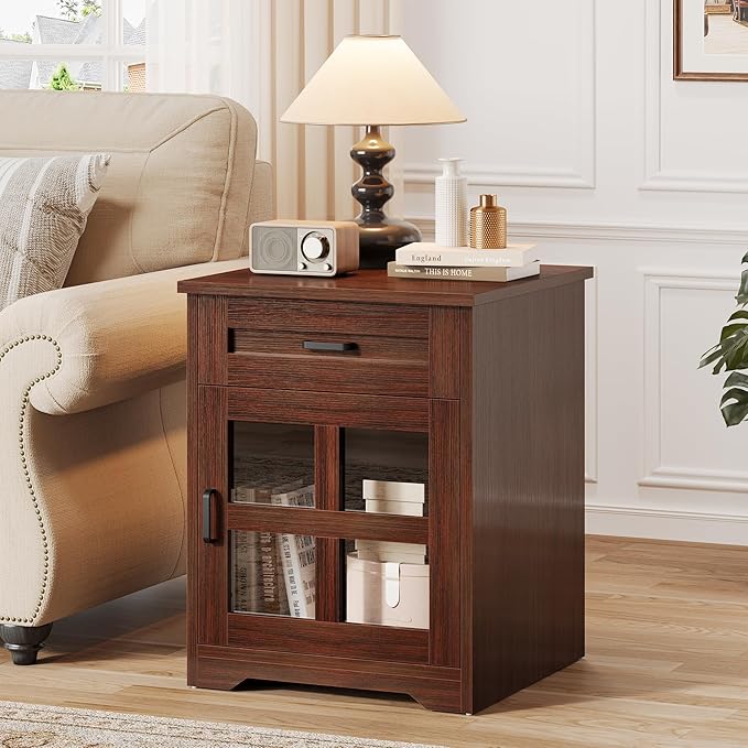 Farmhouse 18'' End Table, Narrow Sofa Side Table with Drawer and Barn Door, Wooden Nightstand Storage Cabinet for Living Room and Bedroom