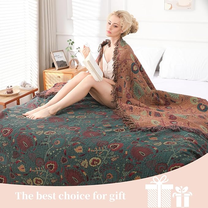 Boho Throw Blanket for Bed - 100% Pure Cotton Ultra Soft Rustic Quilt - Farmhouse Decor Bed Blankets, All Season Rustic Throw for Sofa Couch Chair(80''x 90'', Floral)