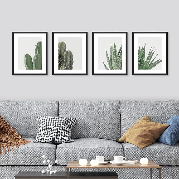 SIGNWIN Framed Green Cactus Snake Plant Wall Art, Set of 4 Collage Desert Landscape Wall Decor Prints, Nature Wilderness Wall Décor for Living Room, Bedroom - 11"x14"Black