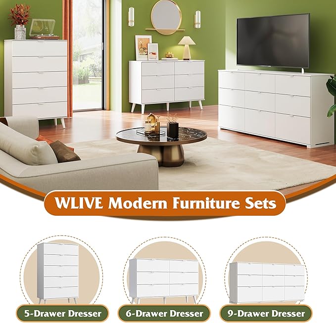 WLIVE 5 Drawer Dresser for Bedroom, Tall Wood Dresser, White Dressers Storage Organizer with Sturdy Metal Handle, Chest of Drawers for Living Room, Hallway, Closet