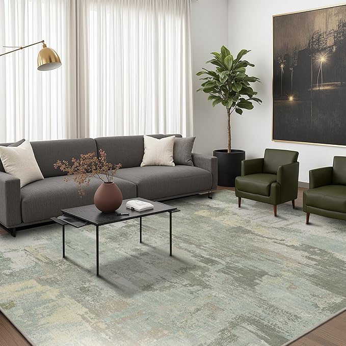Area Rugs 8x10 for Living Room Bedroom, Modern Abstract Machine Washable Large Soft Sage Green Rug, Low Pile Floor Carpet with Non Slip Backing for Dining Room, Light Sage Mint Green
