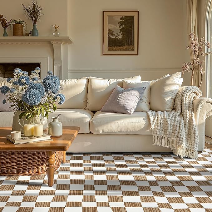 jinchan 4x6 Brown Checkered Area Rugs for Kids Room - Machine Washable Rug Modern Neutral Geometric Lattice Soft Non-Slip Carpet for Nursery Playroom Bedroom Entryway Living Room Home Office