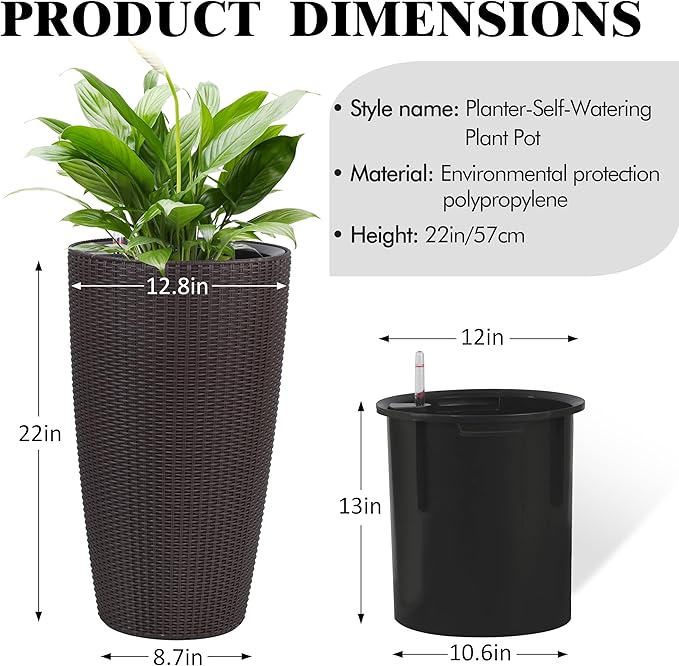 2Pack 22" High Modern Plant Pots Planter-Self-Watering Indoor/Outdoor Planting with Drain Holes, Water Level Monitor, Inner Bucket for Front Porch Patio, Brown Rattan Conical