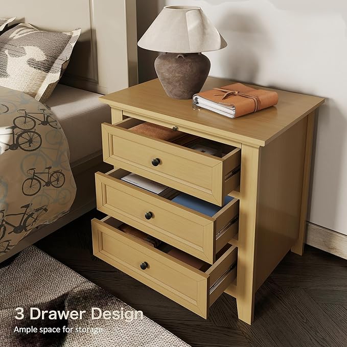 Harvin 3 Drawers Nightstand, Solid Wood End Table with Pull-Out Shelf, Timeless Classic Side Table for Bedroom, Living Room or Home Offices