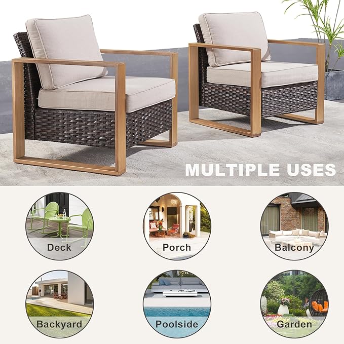 Wicker Outdoor Patio Chairs Set of 2, Rattan Patio Furniture Chairs with Sturdy Frame,All-Weather PE Wicker,Wide Armrest,Deep Seating and Thick Cushions for Deck Porch Garden(Brown/Beige)