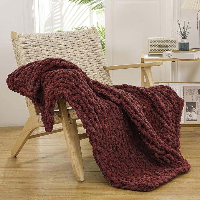 WESHIONGOO Chunky Knit Blanket Throw 40"×40" Knitted Throw Blankets for Couch Bed Fluffy Soft Blanket with Jumbo Chenille Yarn Thick 100% Handmade (Burgundy Red)