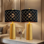 RORIANO Set of 2 Modern Table Lamps for Living Room Bedroom, Gold Nightstand Resin Lamps with Black Grid Shade, Contemporary Desk Lamps for Bedside End Tables, 2 Bulbs Included (Gold)