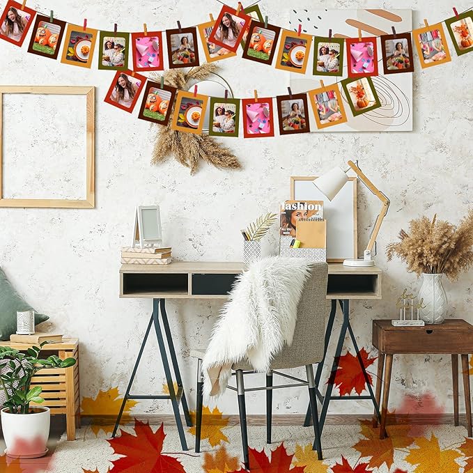 Janlaugh 100 Pcs Fall Paper Photo Frames 4x6 Fall Paper Frame with 100 Clip 10 String Kit DIY Hanging Cardboard Photo Holder Thanksgiving Wall Decor Wedding Home