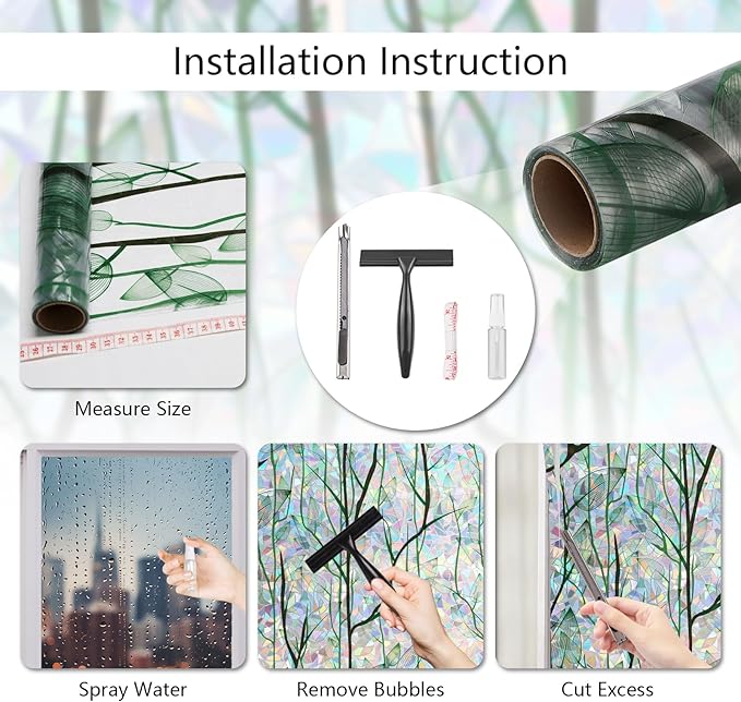 LEMON CLOUD Privacy Window Film 3D Stained Glass Window with Installation Tools,No Glue Static Cling Window Sticker,Decorative for Glass Door,Bathroom,Office and Home (Grove Rainbow,17.5 x 78.7 Inch)