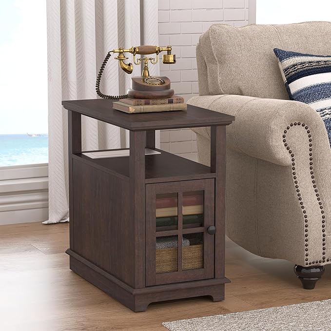 HIFYOBRO Narrow End Table with Flip Top Charging Station, Adjustable Shelf, Type-C & USB Port & Power Outlets, Side Table with Storage for Living Room/Bedroom/Home Office