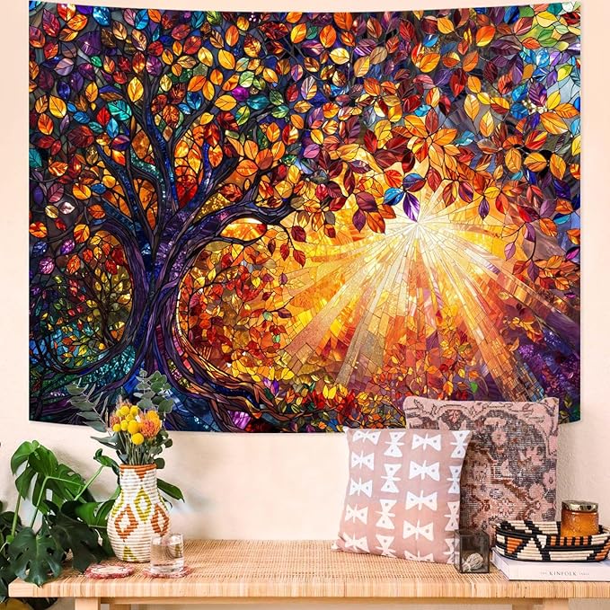 Lunerfex Tree of Life Tapestry Stained Glass Tapestry Wall Decor Tapestries for Bedroom Art Tapestries Wall Hanging for Bedroom Living Room Glass-Tree-03 70"x90"