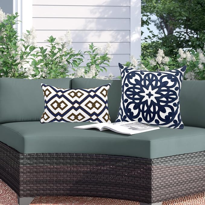 Alysheer Embroidered Lumbar Decorative Throw Pillow Cover 12"x 20", Classic Boho Geometric Embroidery Pattern Cotton Rectangular Cushion Case for Sofa Couch Living Room Bedroom(Blue Brown)