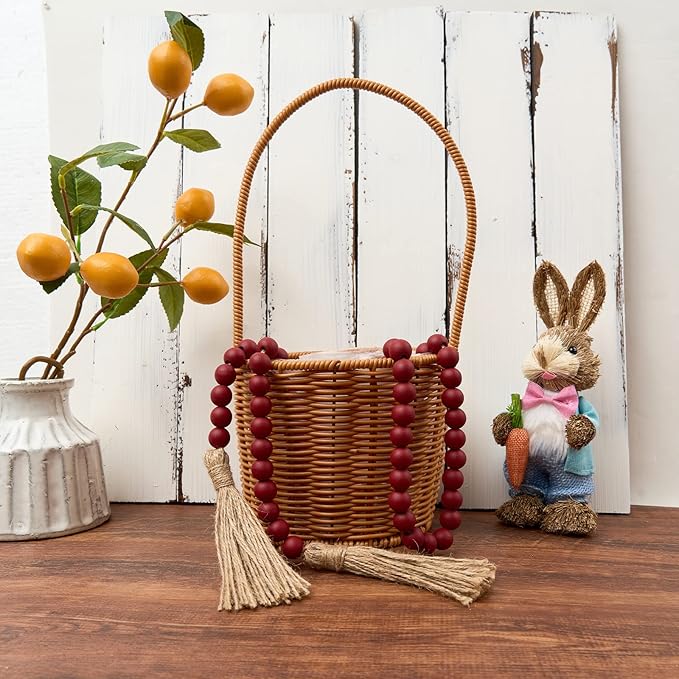 OMISHE 59in Wood Bead Garland with Tassels, Decorative Beads Decor, Farmhouse Wooden Beads Garland for Wall Hanging Home Festival Decor, Burgundy, Wind Red