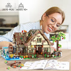 Wood Cabin Building Set with Light, 2570 PCS Wooden Forest House Mini Building Block Toy with Waterwheel Pond Animals, Big House Construction Model for Adults Teens Kids Boys Girls 10-12+