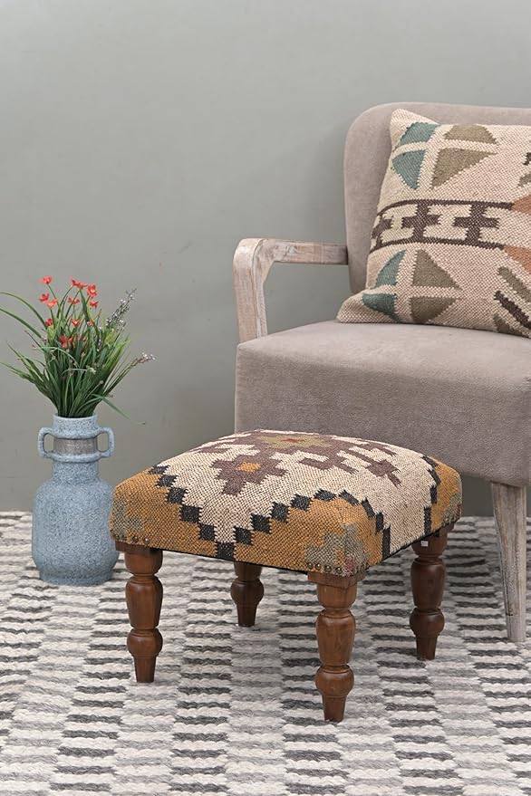 Handmade Jute Soft Ottomans Square Shape Stool for Sitting and Foot Rest with Wooden Legs, Entryway Modern Stool for Living Room, Bedroom, Hall (Yellow, L 15.74 x W 15.74 x H 14 inch)