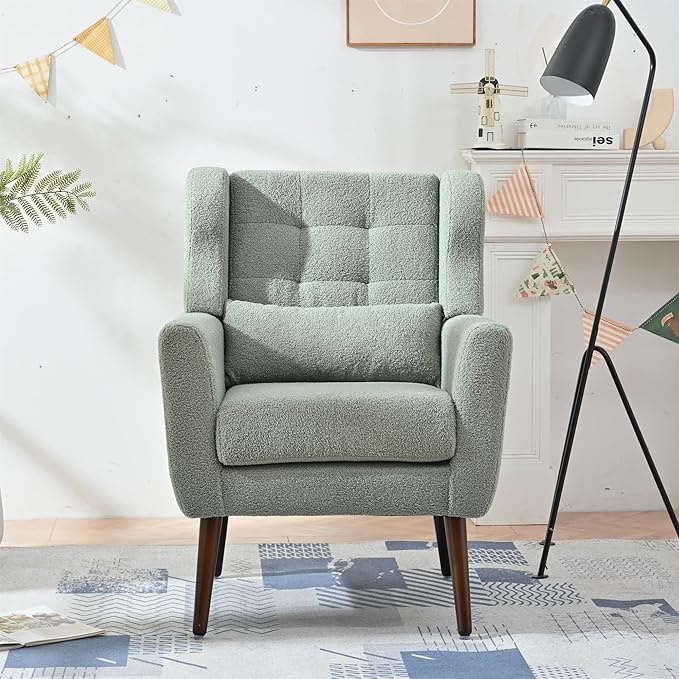 Accent Chair, Comfy Upholstered Living Room Chairs with High Tufted Backrest and Pillow, Wingback Reading Chair with Solid Wood Legs for Bedroom/Office, Teddy Fabric, Light Green