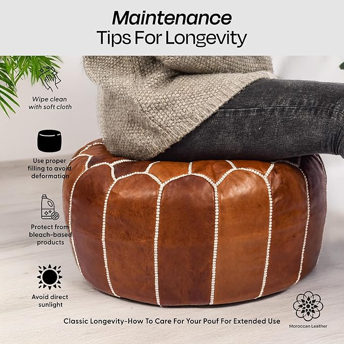 Moroccan Leather Handmade Pouf Ottoman Cover – Unstuffed Foot Stool, Boho Foot Rest for Living Room, Bedroom – Gift for Housewarming or Weddings