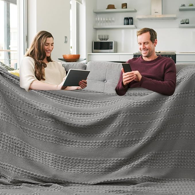 PHF 100% Cotton Waffle Blanket Oversized King 120"x120", Lightweight Breathable Extra Large 10'x10' Summer Blankets for Bed, Giant Big Luxury Aesthetic Woven Bedding for Home Decor, Dark Grey