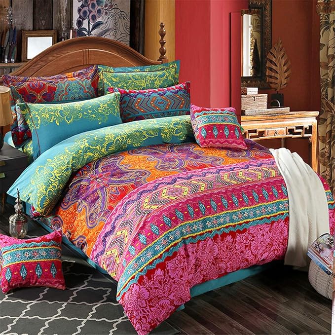 ABREEZE 3Pcs Bohemia Retro Bedding Ethnic Vintage Floral Duvet Cover Boho Bedding 100% Brushed Cotton Bedding Sets Damask Paisley Coloful Mandala Down Comforter Cover,Twin