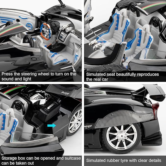 1/24 Car Model Compatible for Collectible Pagani Zonta HP Diecast Toy Car,Zinc Alloy Pull Back Cabriolet Vehicles Toy with Sound and Light for Adult Boys Girls (Black)
