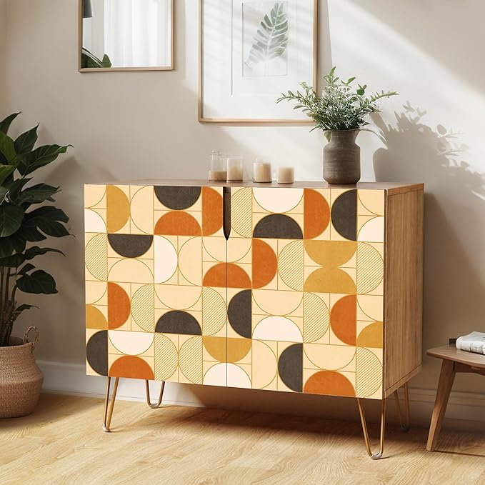 SIGNWIN Sideboard Buffet Cabinet, Kitchen Storage Cabinet with 2 Doors, Tan Brown Polygonstric, Cupboard Console Table for Dining Room - 35" L x 18" W x 29" H