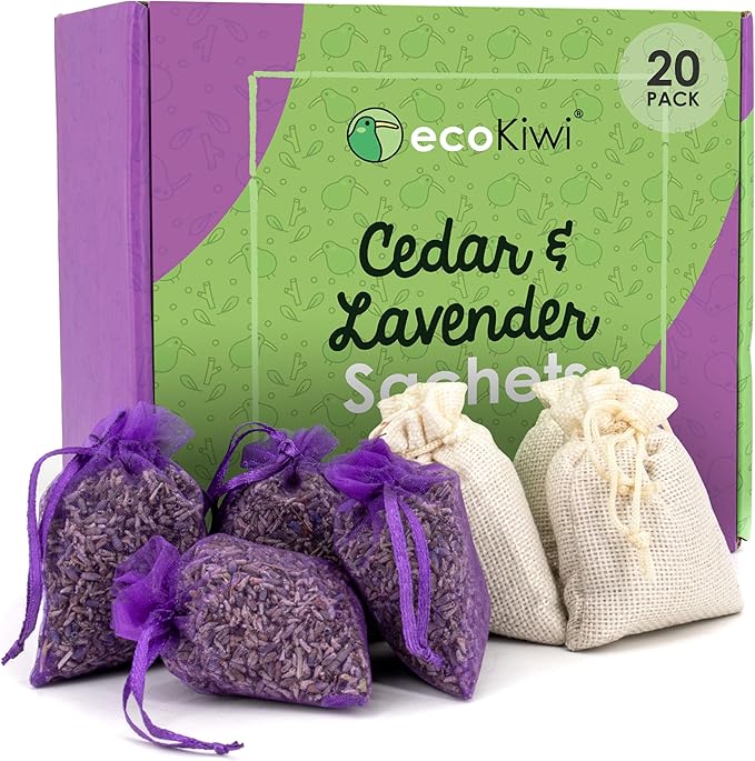 EcoKiwi Cedar & Lavender Sachets – 20 Sachets for Home Fragrence and Fresh Scents, Cedar & Lavender Sachet for Drawers and Closest, Dual-Purpose Sachet to Stop Clothes Damage and Closest Freshness