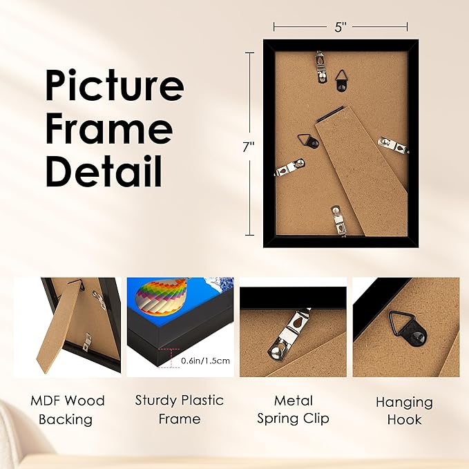 FIXSMITH 5x7 Picture Frame, Black Photo Frame with HD Plexiglass, Display Pictures 4x6 with Mat or 5x7 Without Mat Multi Picture Frames Collage for Tabletop or Wall Display, 1 Pack
