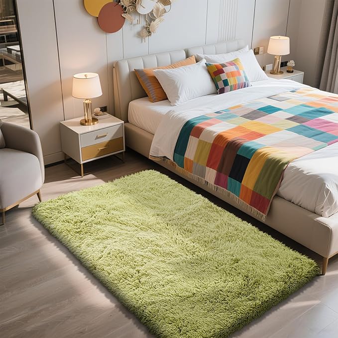 Shag Area Rug for Bedroom 3x5,Green Fluffy Area Rugs for Living Room,Soft Fuzzy Rug Non-Shedding Indoor Plush Carpet for Kids Bedroom Nursery Dorm Home Decor